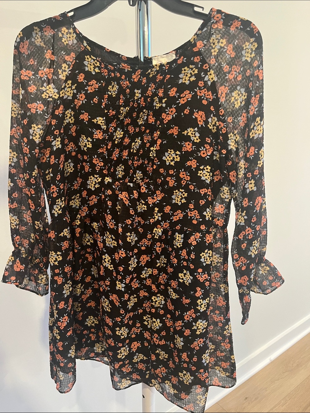 Parker | Floral Smocked Babydoll Dress Black Chiffon Long Sleeve | Women’s XS